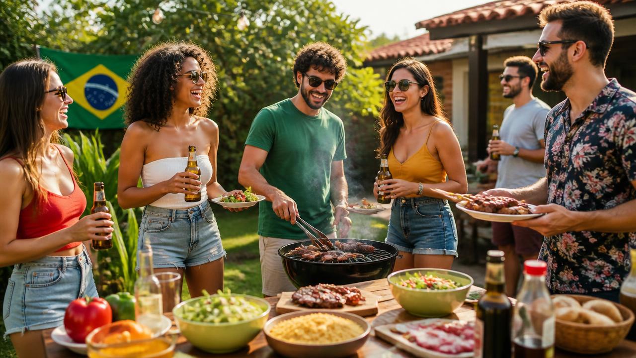 Amigos reunidos em volta da mesa em um churrasco ao ar livre